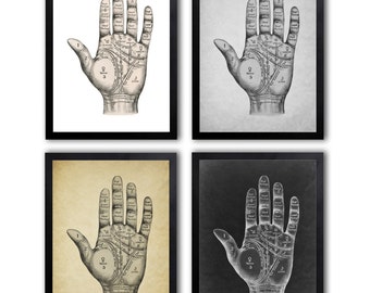 4 Colors Background, Palmistry Hand Print, Fortune Telling, Palm Reading, Palm Readers, Chiromancy Print *10*