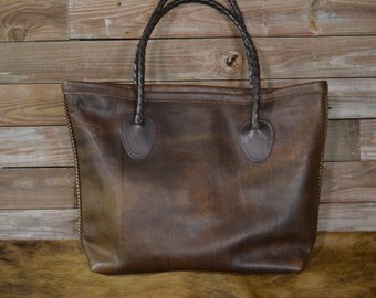 LARGE Genuine Italian Leather Tote Bag- SAVAGE BROWN- T-805
