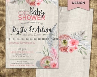 Boho Baby Shower Invitation, Baby Girl Shower Invitation, Co-ed Baby Shower Invitation, Rustic Baby Shower, Boho Chic Invitation, Feather