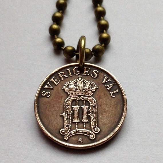 1907 Sweden 1 ore coin pendant Swedish 3 crowns initial O