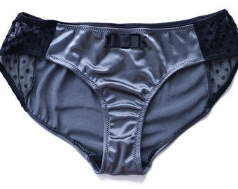 Grey and polka dot sheer mesh panties, low rise panties, grey satin, knickers, women lingerie, see-through, bamboo lined