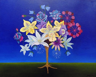Original Oil Painting Surreal Still Live Flowers 28.3 x 23.6 inch