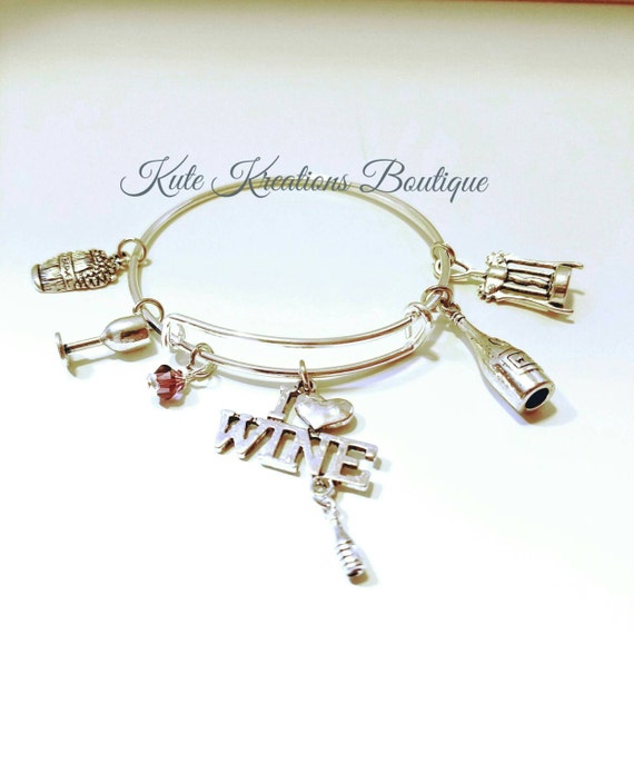 I Love Wine bracelet, Adjustable Bangle, Stainless steel Expandable Bracelet.