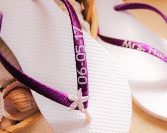 Purple Mrs Flip Flops, Bride Bridal Wedding Flip Flops, White Sandals, Bridal shoes, personalized bridal slippers, customized wedding flats