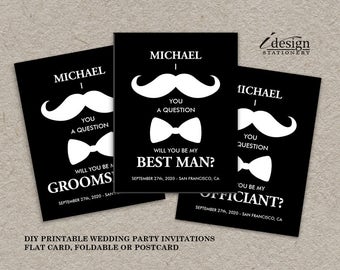 Mustache Groomsmen Cards | Printable I Mustache You A Question Groomsman, Best Man, Ring Bearer, Usher, Wedding Party Proposal Invitations
