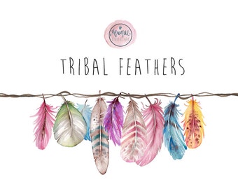 Clipart feathers watercolor, tribal, boho, bright, colorful, planner stickers, planner girl