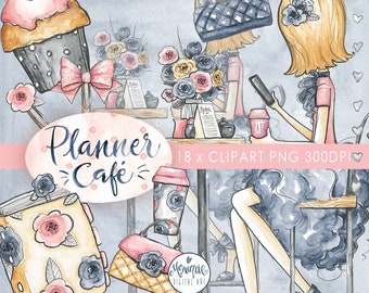 Planner Girl Clip Art, Fashion Illustration, Cafe girl, Glam books coffee Graphics,Planner Stickers, Planner Girl,Digital Cliparts