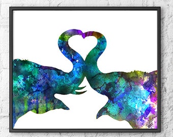 Love Art Watercolor Elephant Painting, Animal Wall Decor, Kiss Art, Blue Watercolor Art Print, Animal Art Illustration - 438A