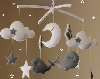 Sale! Whale mobile with clouds and stars grey musical baby whale mobile cloud mobile grey nursery