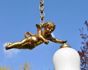 French Louis XVI gilt bronze angel suspension lamp with original opaline shade – circa 1930-40