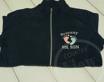 Footprints Nurse Fleece Jacket with Name and title-RN LPN zipup light weight fleece jacket with several color options-TYPEWRITER