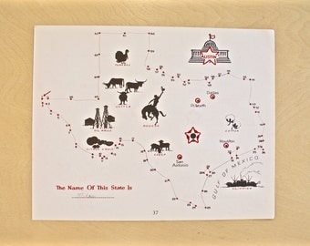 1949 - Texas Map - Vintage Children's Book Texas Map - Connect the Dots Antique Map