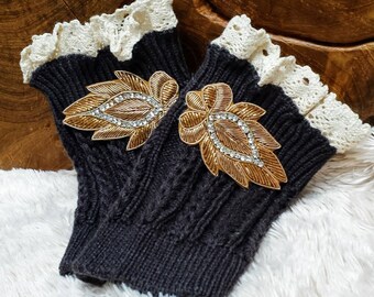 Bronze Leaf Cable Knit Boot Cuff; Unique Boot Topper; Black Lace Boot Cuff; Lace Boot Accessories; Lace Boot Cuff; Unique Boot Cuff Set