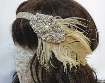 20's Style Gatsby Flapper Headband; Great Gatsby Inspired Headpiece; Elastic Flapper Headband; Rhinestone 1920 Headband; Feather Headband