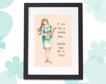 Ukulele Art Print Ukulele Lady Song Lyric Print Retro Wall Art Kitschy Illustration Gift For Music Lover Curvy Girl Picture Ink & Watercolor