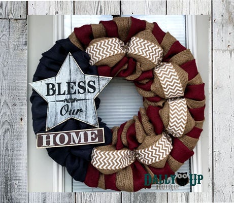 Bless our Home 4th of July Wreath - 4th of July - White Chevron, Maroon, Natural and Blue Burlap -  Fourth of July  - Burlap Wreath Decor