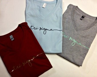 Tri Sigma Script V Neck Tee - Officially Licensed Sigma Sigma Sigma Shirt - Greek TShirt - Sorority Tees