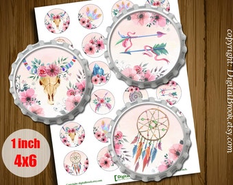 Watercolor boho Style - 1 inch 25mm Bottle Cap Images - 4x6 Digital Collage Sheet Printable Circles for pendants bottle cap - 285