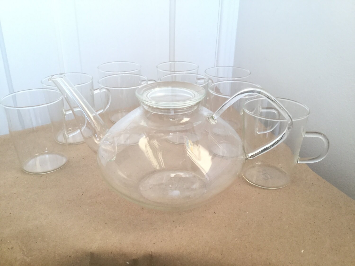 Vintage Schott Mainz Jenaer Germany Glass Teapot & 9 Glasses