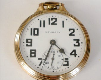 Hamilton 992B 21 Jewels Railroad Pocket Watch Bar Over Crown 16S Goldfilled Case in Perfect working condition Circa 1946