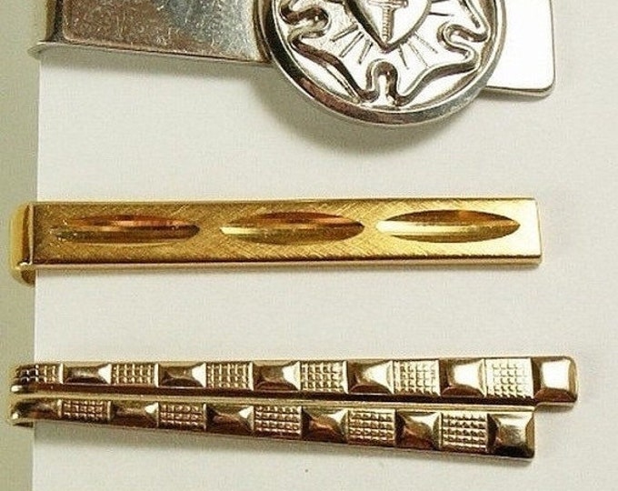 Storewide 25% Off SALE Vintage Men's Gold & Silver Tone Set Of Four Unique Formal Designer Tie Bars Featuring Mid Century Inspired Design