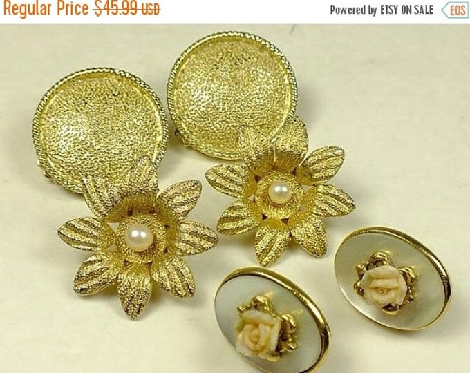 Storewide 25% Off SALE Beautiful Vintage Gold Dust Style Assorted Set of Three Designer Earrings Featuring Floral Round Glitter Finishes