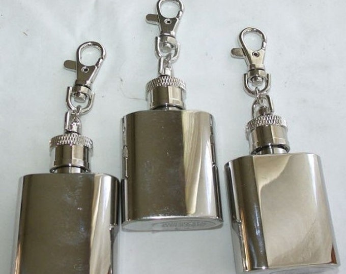 Storewide 25% Off SALE Vintage Set Of 3 Stainless Steel Sheridan Branded Liquor Flask Keychains Featuring Utilitarian Craftsmanship With Fun