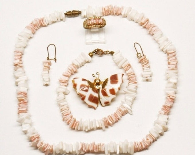 Storewide 25% Off SALE Vintage Pink Rose & White Coral Seashell Matching Handmade Jewelry Set Featuring Matching Gold Backed Butterfly Brooc