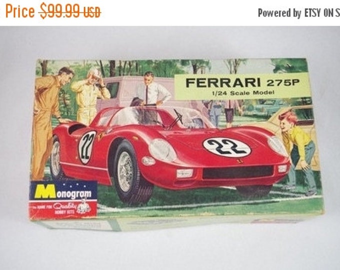 Storewide 25% Off SALE Monogram 1/24th Scale Vintage Ferrari 275P Model Car Kit Featuring Genuine Brightly Colored Box Complete With All Ori