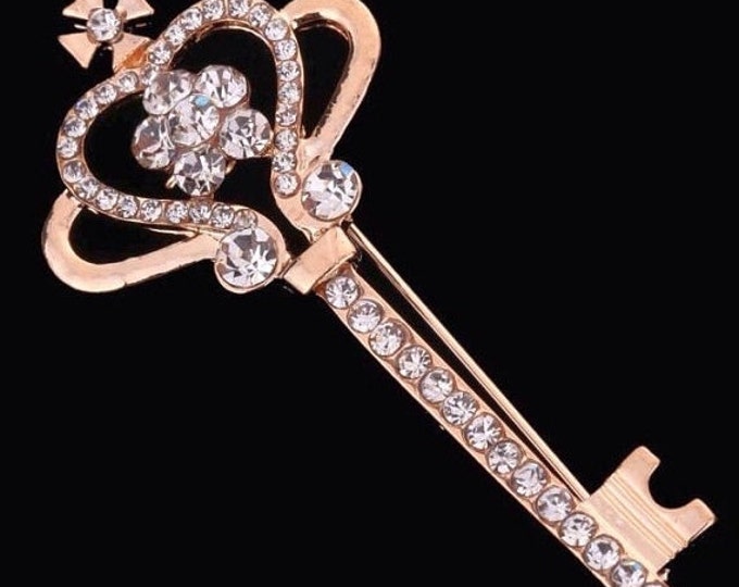 Storewide 25% Off SALE Beautiful Eclectic Articulated Gold Tone Skeleton Key Brooch Featuring Royal Crown Top & Articulated Rhinestone Accen