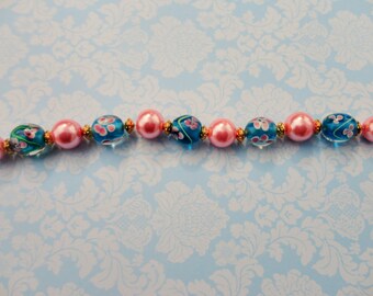 Pink / Blue Glass Lampwork w/ 8mm Pink Pearls Bead Strand