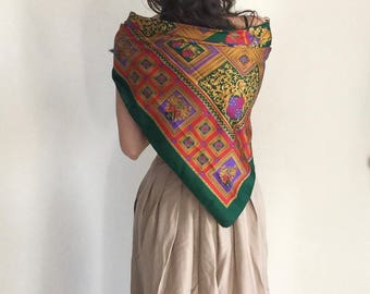 30% Off - Squared vintage silky scarf | Italian design | Flower Foulard spring colors