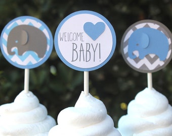 Elephant Cupcake Toppers - Elephant Baby Shower - Elephant Toppers - Baby Elephant - Baby Boy Shower - Chevron Baby Shower