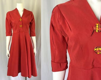 Small ** 1940s R&K ORIGINALS red rayon moire dress ** vintage forties reddish orange dress
