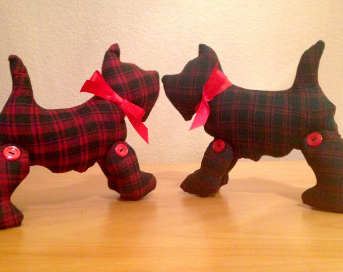 HALF PRICE ** Pair of Red Tartan Plaid Scottie Dogs. Huggable Soft Stuffed Scottish Terriers. Christmas Plaid Dog Pillows. Dog Lover Decor