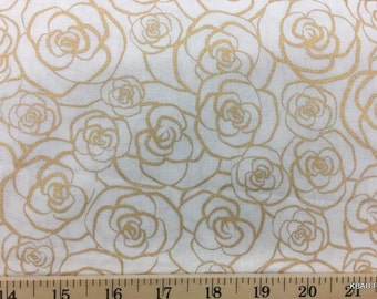 Gold Metallic Rose Outline on Antique White Floral Print Cotton Quilting Apparel Fabric a4/42