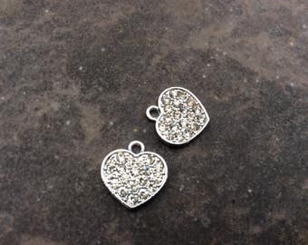 Pave Rhinestone Heart Charms package of 2 13mm x 13mm Perfect for Adjustable bangle bracelets!