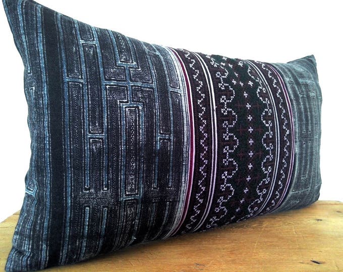 Vintage Indigo Hemp Cross-Stitch Embroidery Pillow Cover/Handmade Vintage Textile Boho Pillow Cover/Hmong Ethnic Costume Textile Pillow