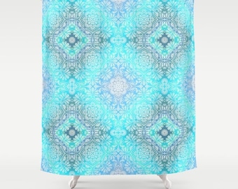 Shower Curtain - 'Lace' - 71"x74", Custom, Home, Bathroom, Bath, Dorm, Girl, Christmas, Boho, Gift, Abstract, Mandala, Turquoise, Blue