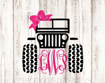 Monogram Jeep Decal, Jeep bow decal, Girly Jeep, YETI decal, Glitter vinyl available