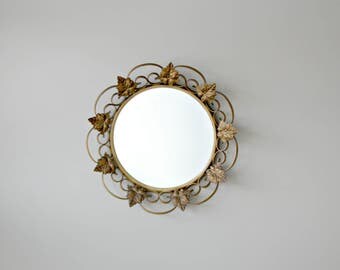 Vintage Round Wrought Iron Wall Mirror, Bronze Tone Metal Mirror, Convex Mirror, Gold Tone Mirror, Metal Leaves Mirror