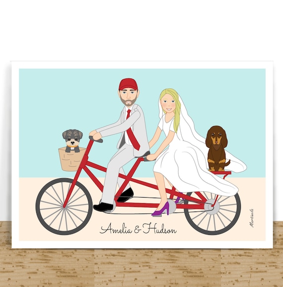 Tandem bike custom wedding portrait, bicycle couple illustration, personalized wedding gift, Just married wedding cartoon, digital file Il_570xn