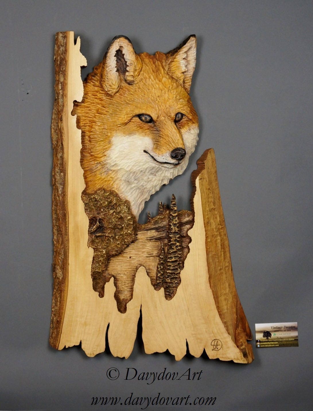 Fox Wood Carving Carvied on Barkwood Hand Made Wall Hanging