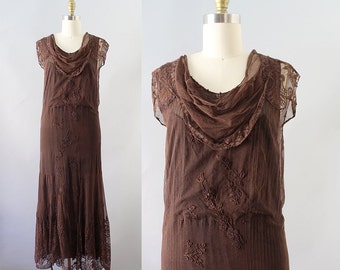 1930s Embroidered Dress / Vintage 20s 30s Embroidered Net and Lace Dress / XS