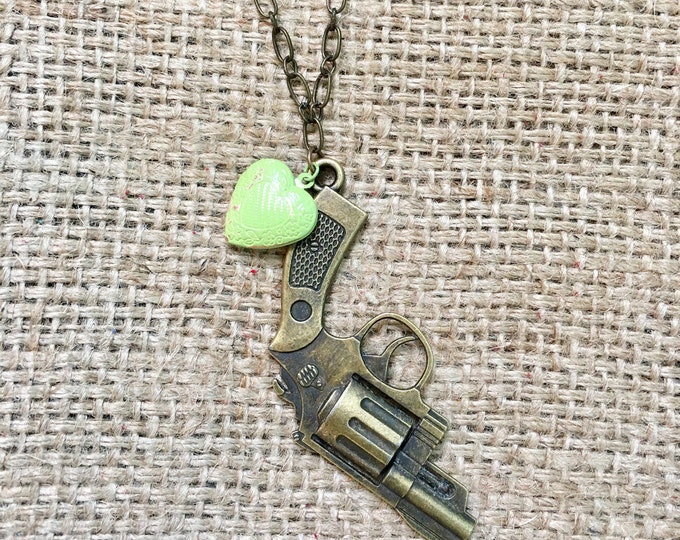 Pistol Necklace, Gun Locket Necklace, Large Gun Necklace, Locket Necklace, Heart Locket, Heart Gun Necklace, Bronze Gun Necklace