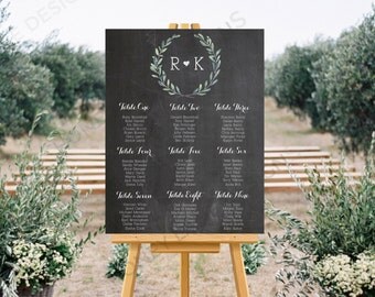 Personalised Printable Wedding Seating Chart, Wedding Table Plan - Blue Floral Chalkboard Collection