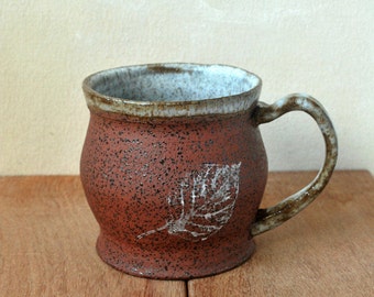 Rustic Coffee Mug, Hot Chocolate Mug, Wheel thrown mug, Autumn Leaf Cup, Gifts For Dad, Rustic Pottery, Ready To Ship, Housewarming Gift