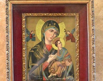 Antique, Vintage Madonna and Child Print in Old Gold Frame with Red Velvet Matting