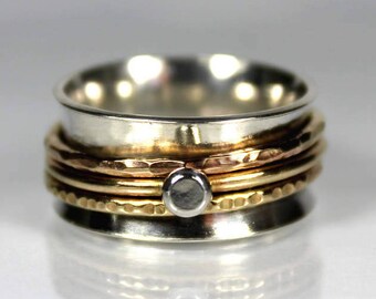 Smooth Brass Pebble Spinner Ring, Sterling Silver Spinning Ring, Fidget Ring, Mixed Metal Spinner, Worry Ring, Gifts For Her, Birthday Gifts