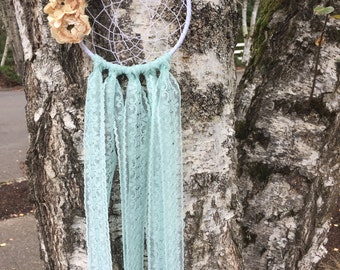 Flower Dream Catcher - Blue Dream Catcher - Lace Dream Catcher - Girl Dream Catcher - Kids Decor - Blue Lace - Pink Flowers - Bohemian